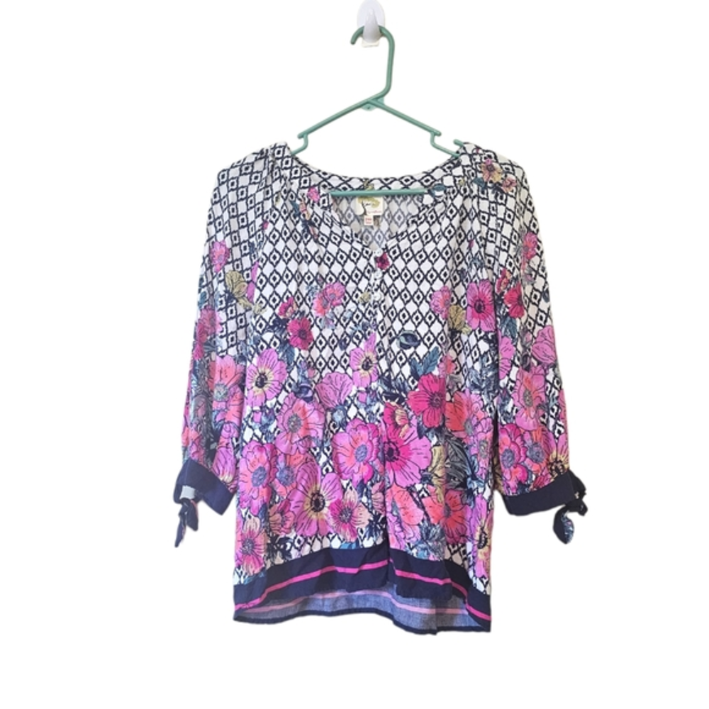 Fig and Flower Anthropologie Womens Top Medium Petite‎ Pink Floral Sheer Shirt